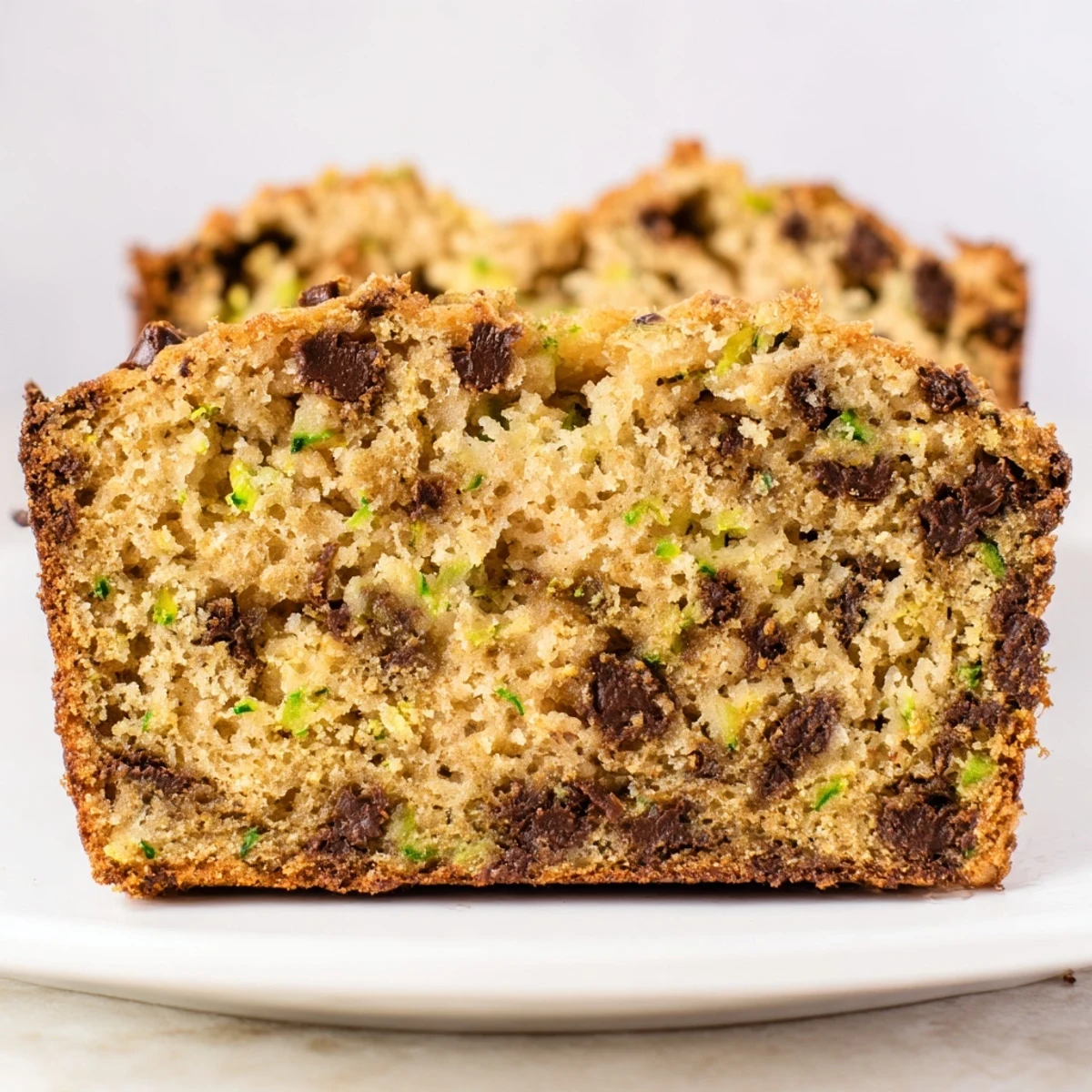 Freshly baked Chocolate Chip Zucchini Bread on a wooden cutting board, showcasing a moist crumb and melted semi-sweet chocolate chips.
