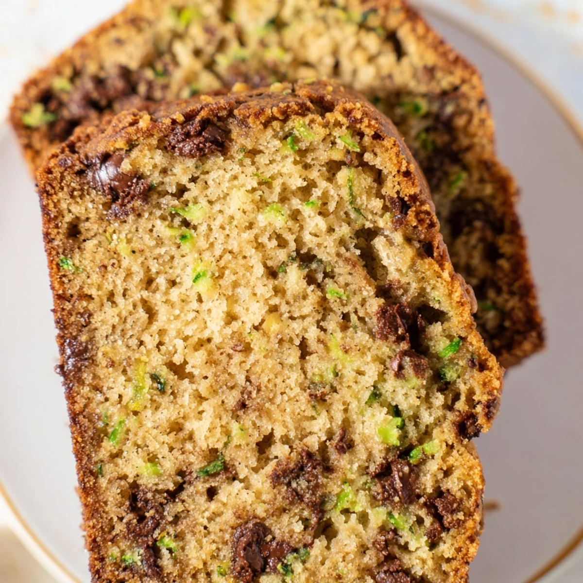 A sliced loaf of Chocolate Chip Zucchini Bread with visible green shreds, served on a white plate ready for breakfast.