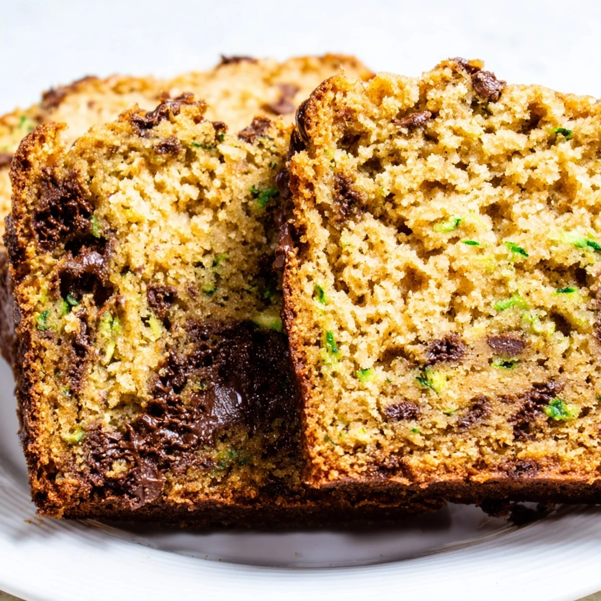 Warm Chocolate Chip Zucchini Bread slices resting on a cooling rack, highlighting a crispy crust and tender interior.