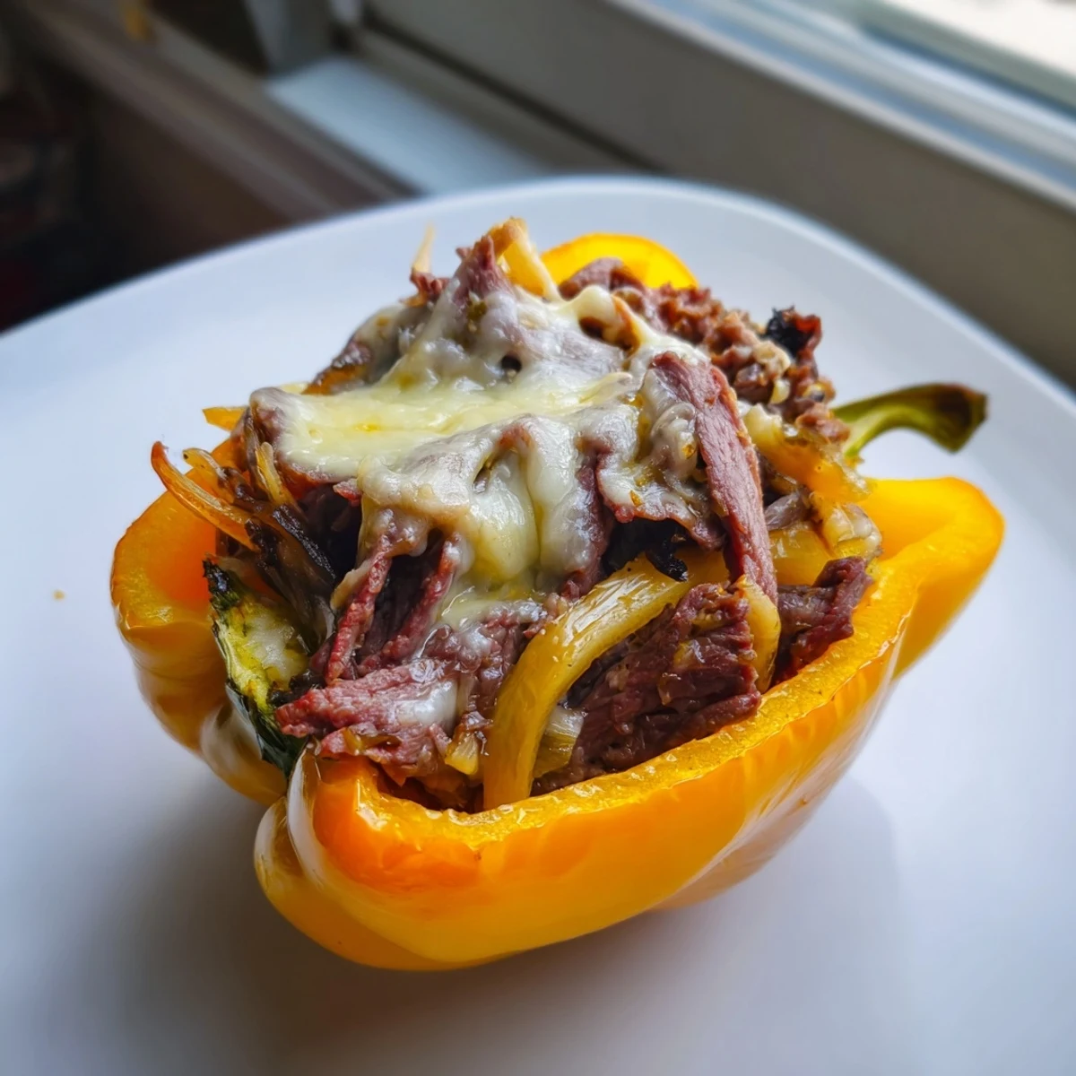 Golden-brown bell pepper halves filled with savory sautéed beef, onions, and melted provolone cheese for a low-carb Philly cheesesteak twist.