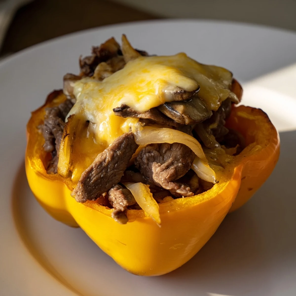 Close-up view of Beef Philly Cheesesteak Stuffed Peppers with melted cheese topping and sautéed beef filling inside bell peppers.