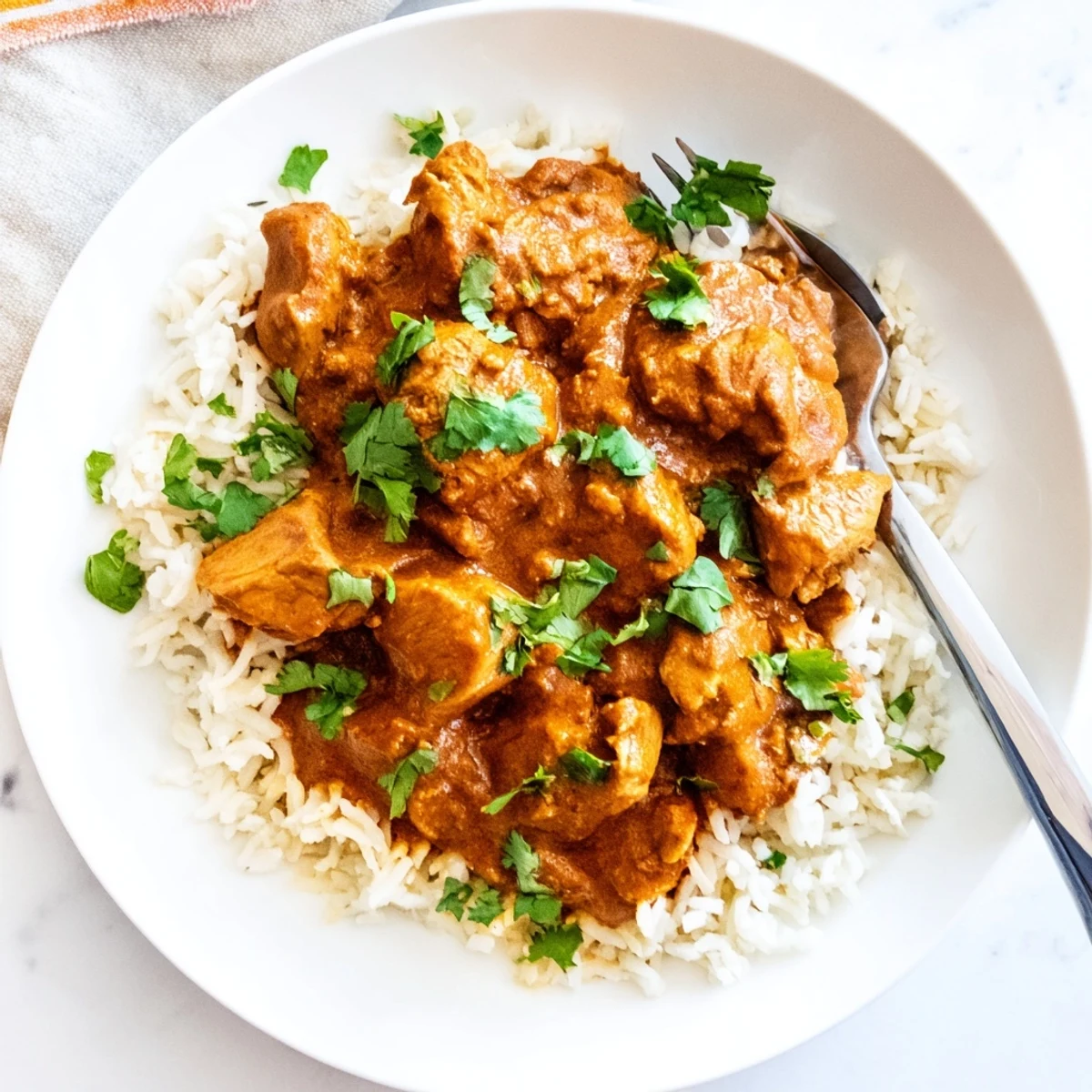 Freshly cooked Chicken Tikka Masala with Basmati Rice is spooned into a white bowl, garnished with cilantro. 