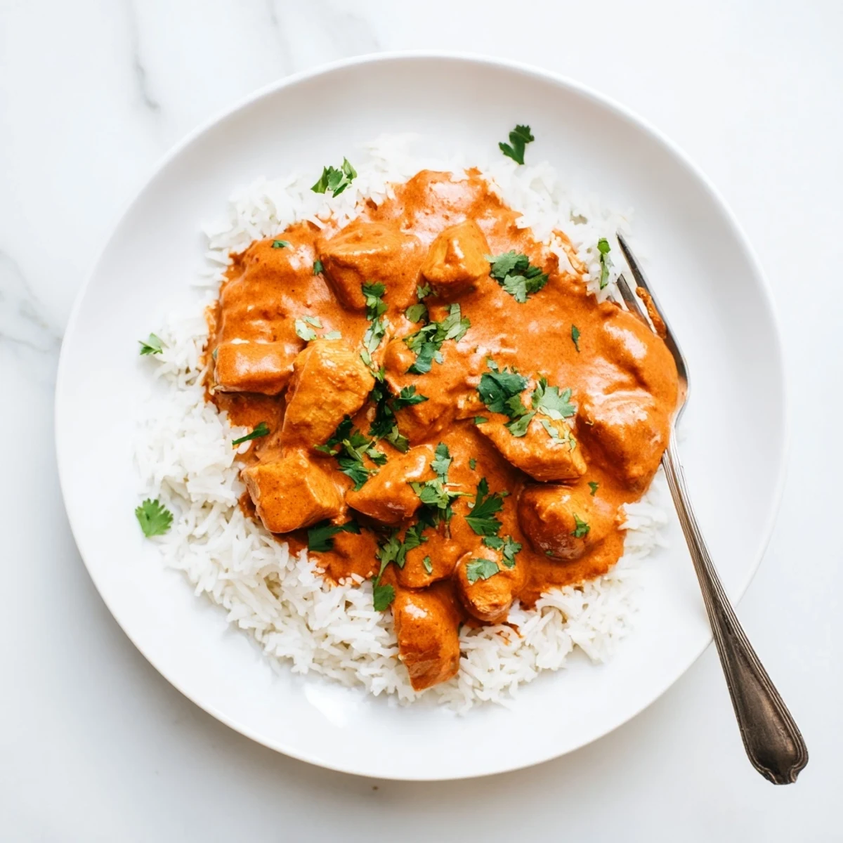 Steaming bowl of Chicken Tikka Masala with Basmati Rice featuring tender chicken in a creamy tomato sauce.
