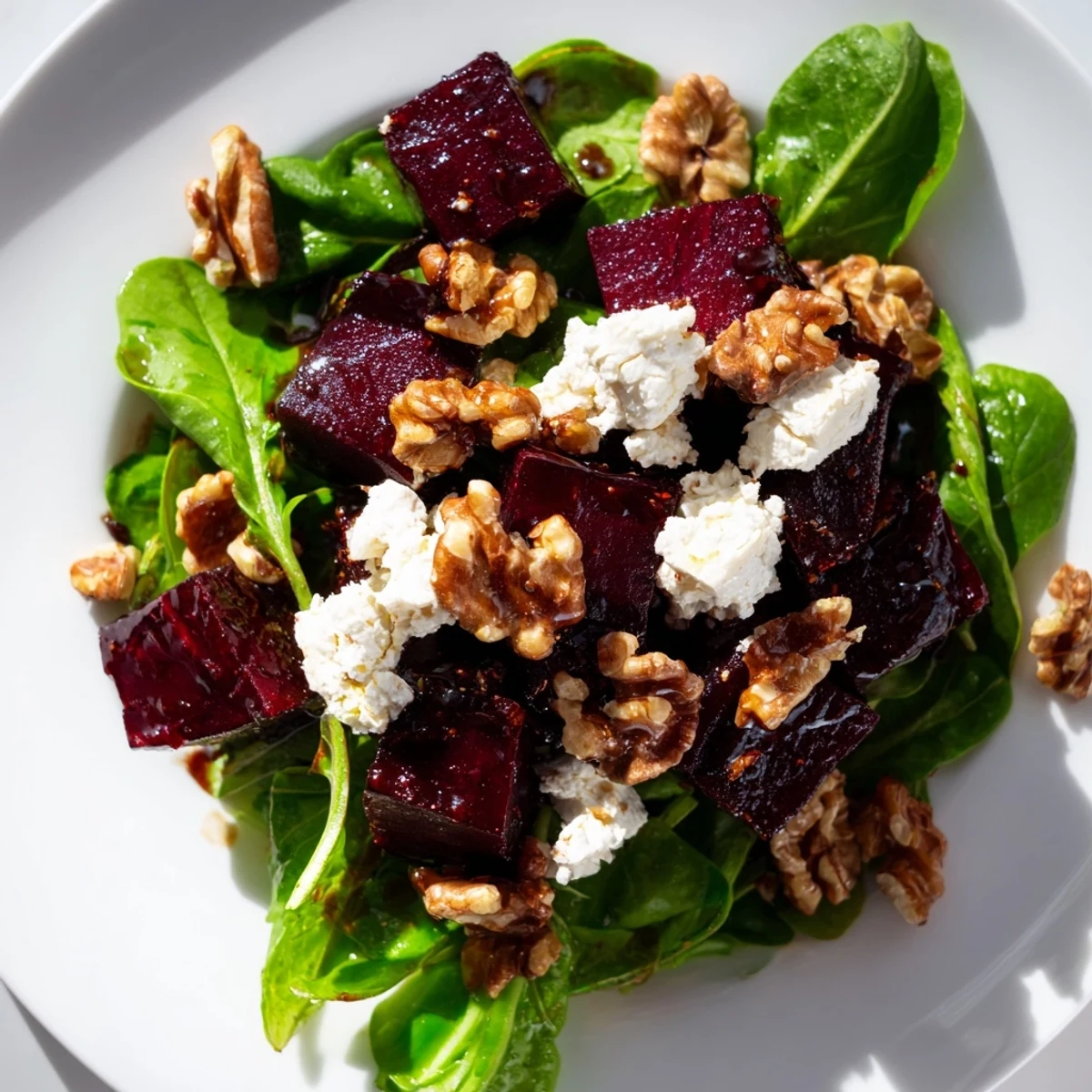 Vibrant roasted beet salad with creamy goat cheese, walnuts, and mixed greens drizzled with tangy balsamic vinaigrette.