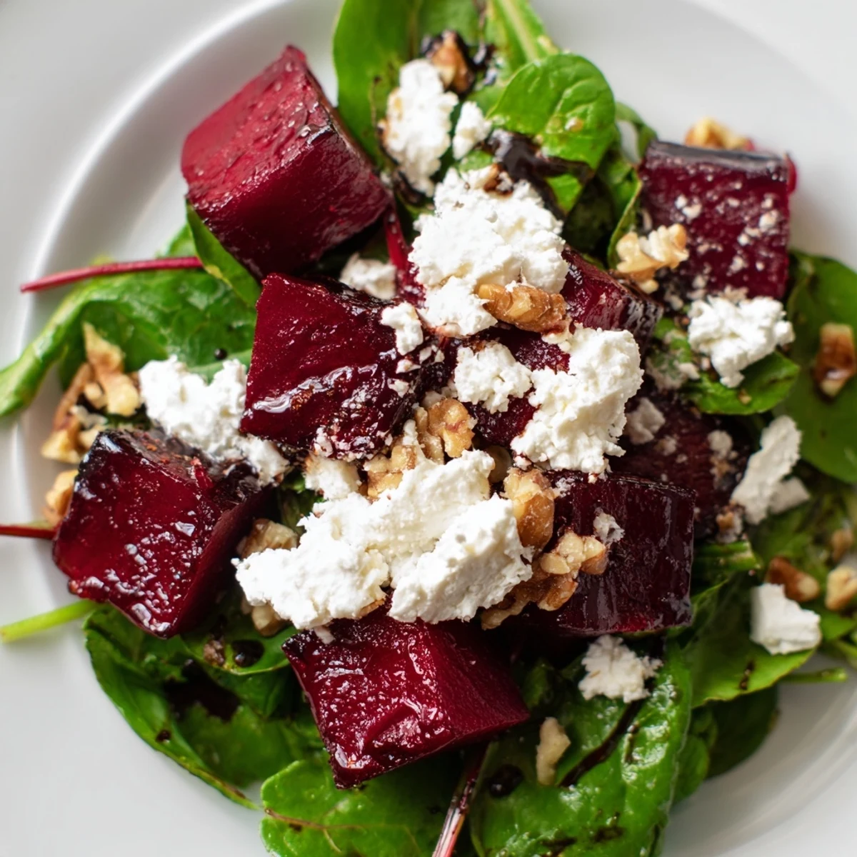 Colorful serving of roasted beet salad with goat cheese and walnuts, dressed in honey-Dijon vinaigrette.