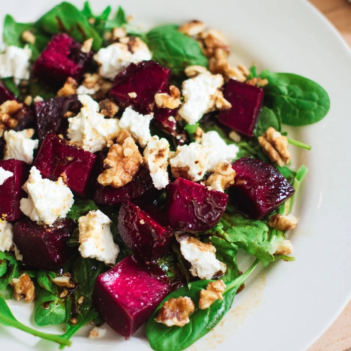 Freshly roasted beet wedges and crumbled goat cheese on a bed of peppery arugula and baby kale.