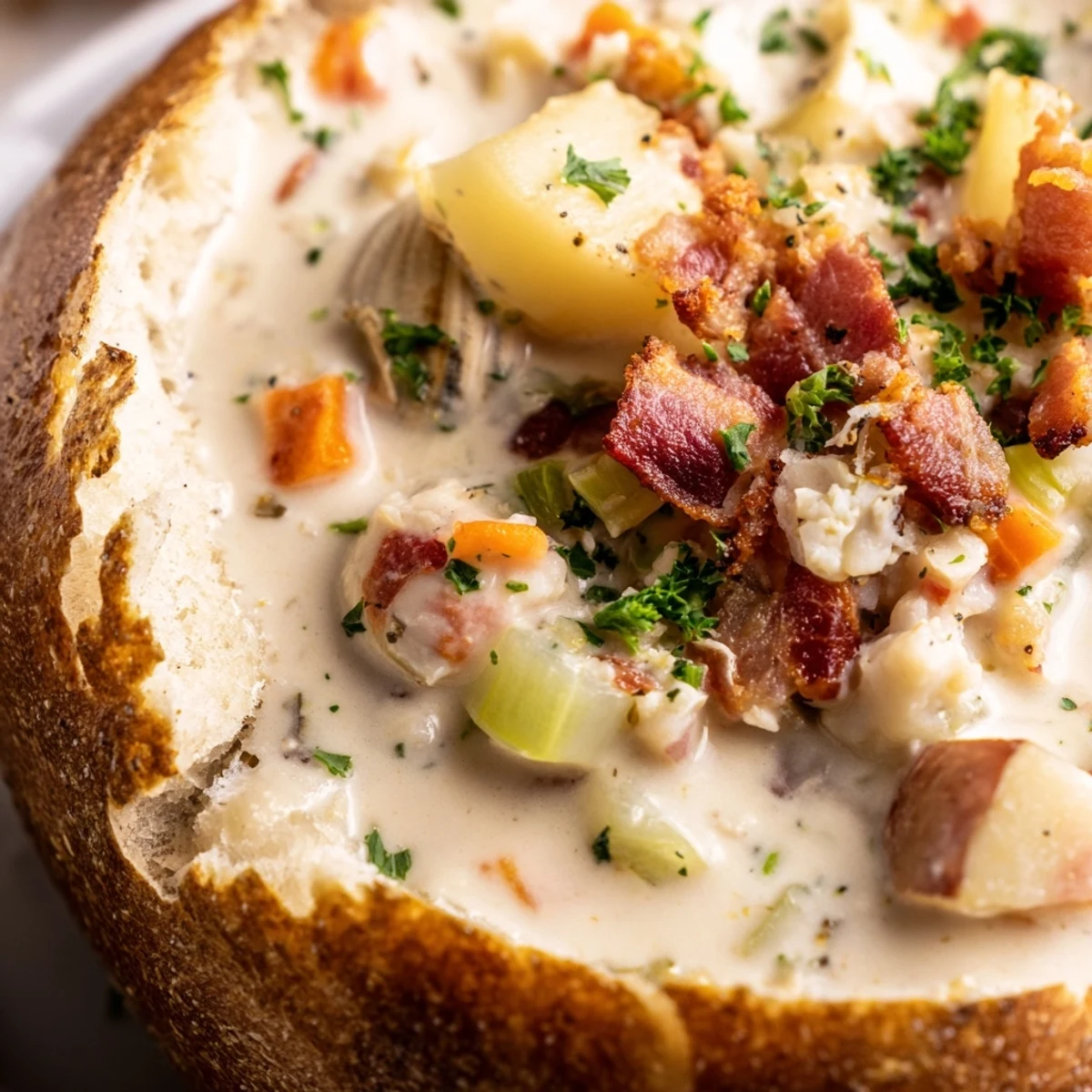 A steaming bowl of New England clam chowder served inside a crusty sourdough bread bowl.
