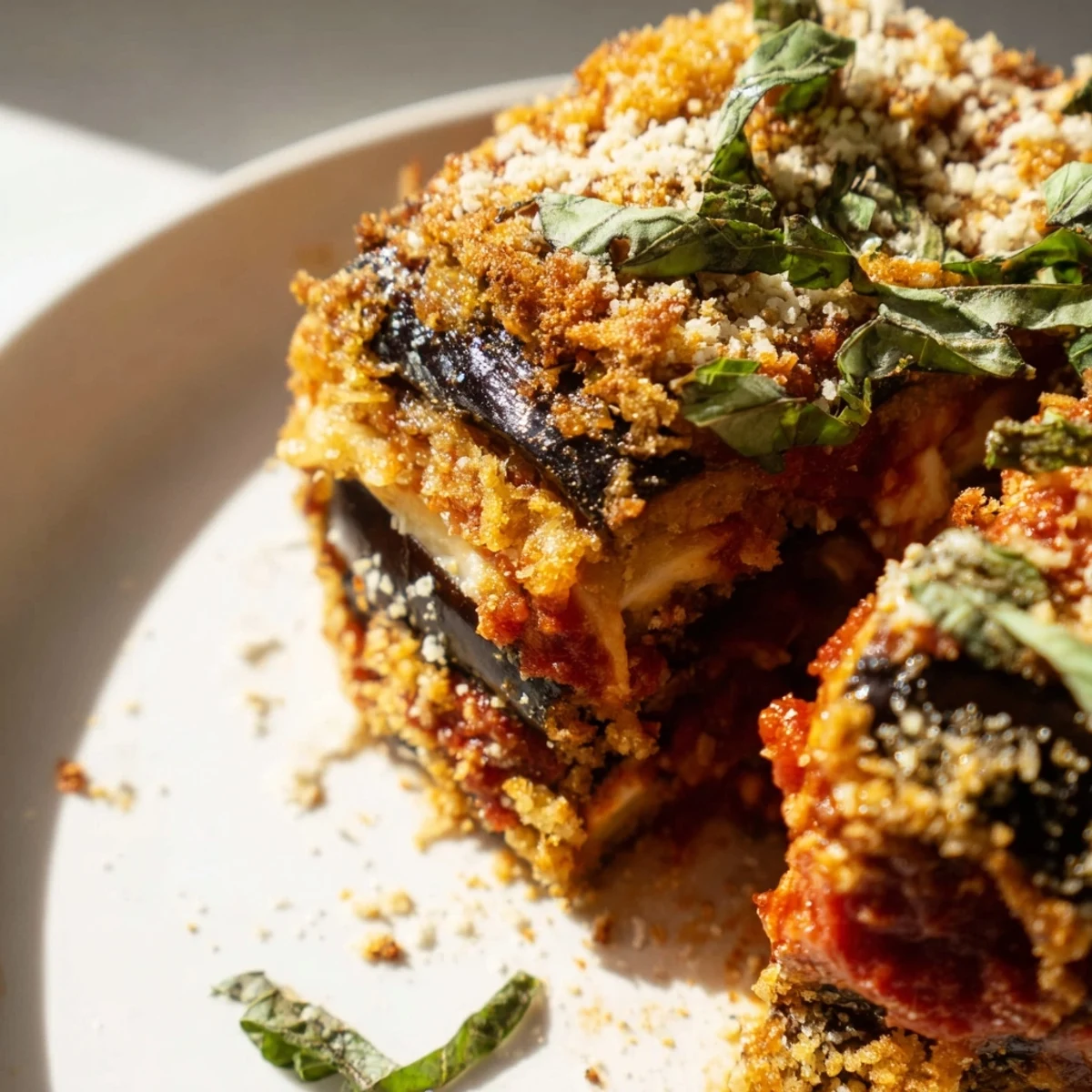 Golden-brown baked eggplant slices layered with marinara sauce and melted mozzarella in a casserole dish.