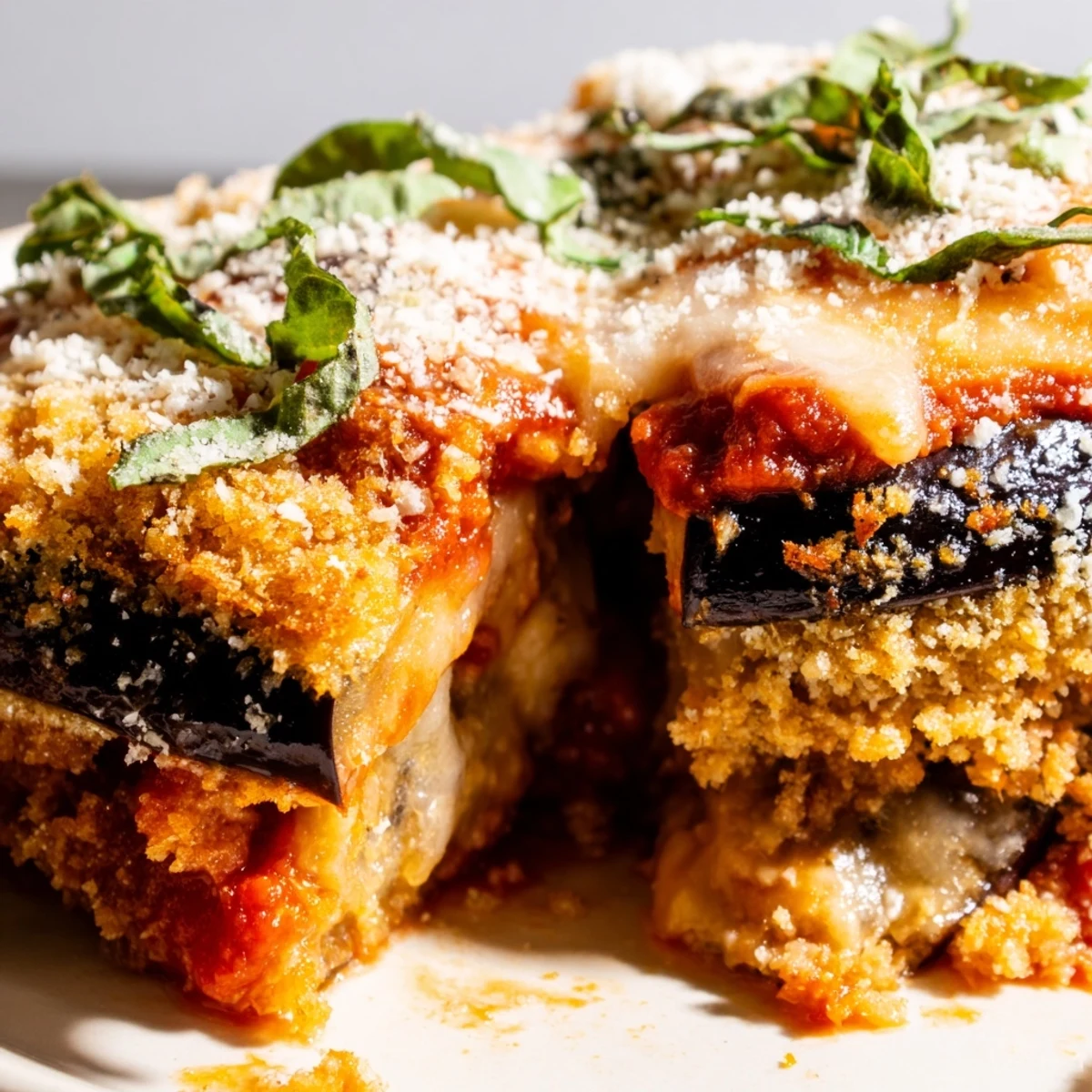 A close-up of cheesy baked eggplant parmesan with rich marinara and panko breadcrumbs, ready to serve.