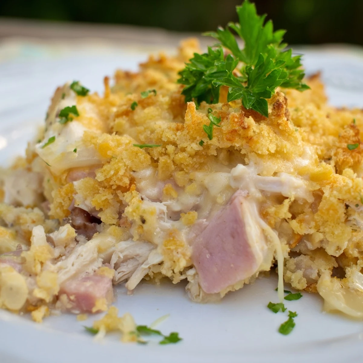 Golden, bubbling Chicken Cordon Bleu Casserole fresh from the oven, topped with buttery panko and parsley.
