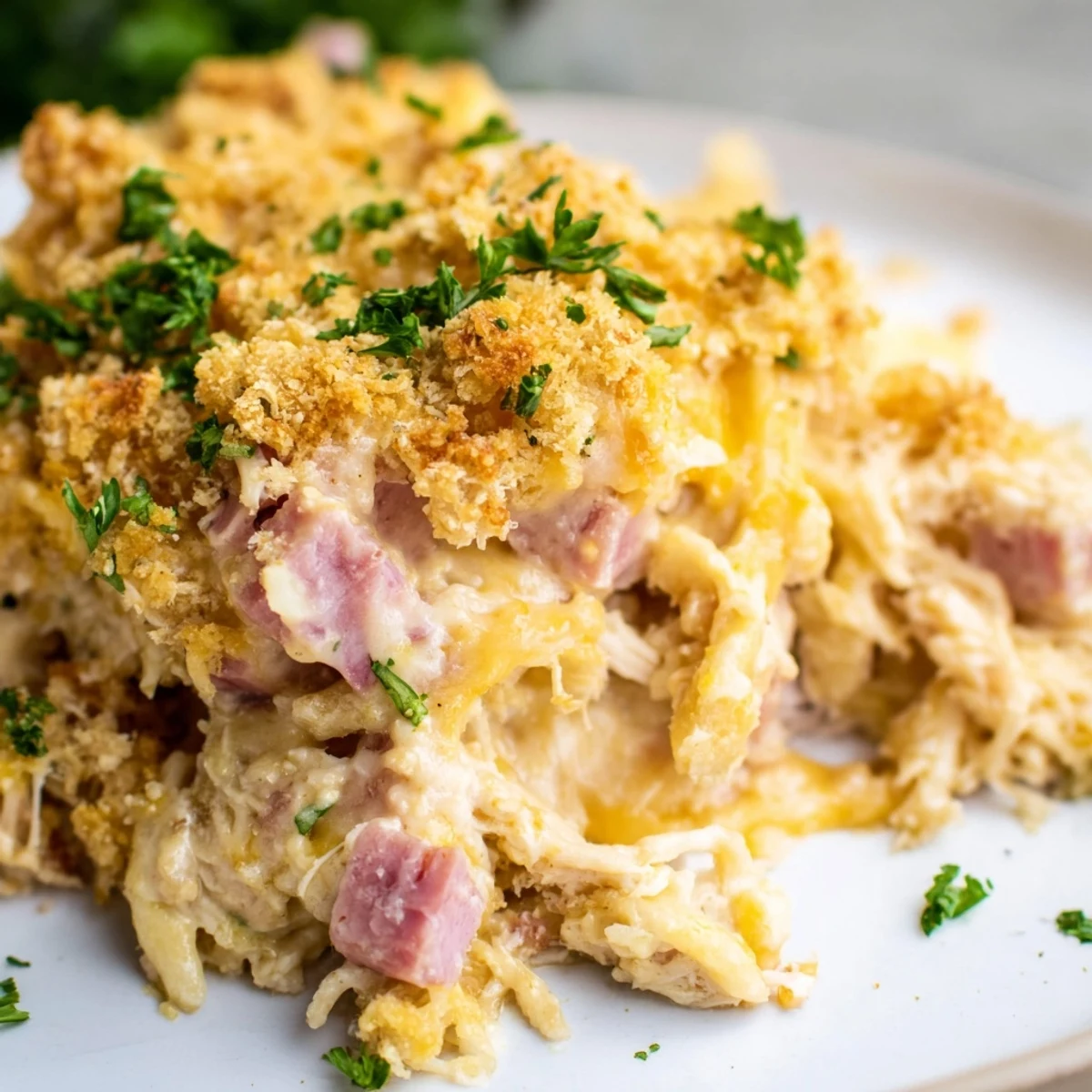A rustic 9x13-inch dish of Chicken Cordon Bleu Casserole with a golden crust and steam rising.
