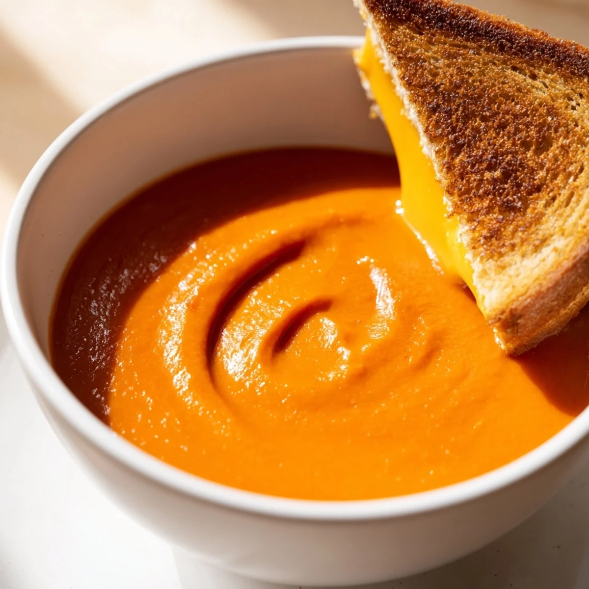 A bowl of creamy tomato soup with golden grilled cheese dippers, topped with fresh basil for a comforting meal.