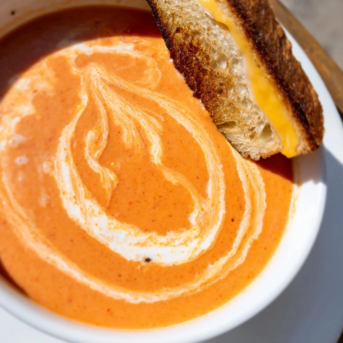 Cozy bowl of Creamy Tomato Soup with Grilled Cheese Dippers, perfect for a quick and easy vegetarian family dinner.