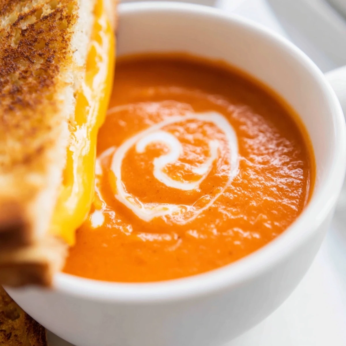 Velvety Creamy Tomato Soup with Grilled Cheese Dippers served steaming hot with crispy strips for dipping on the side.