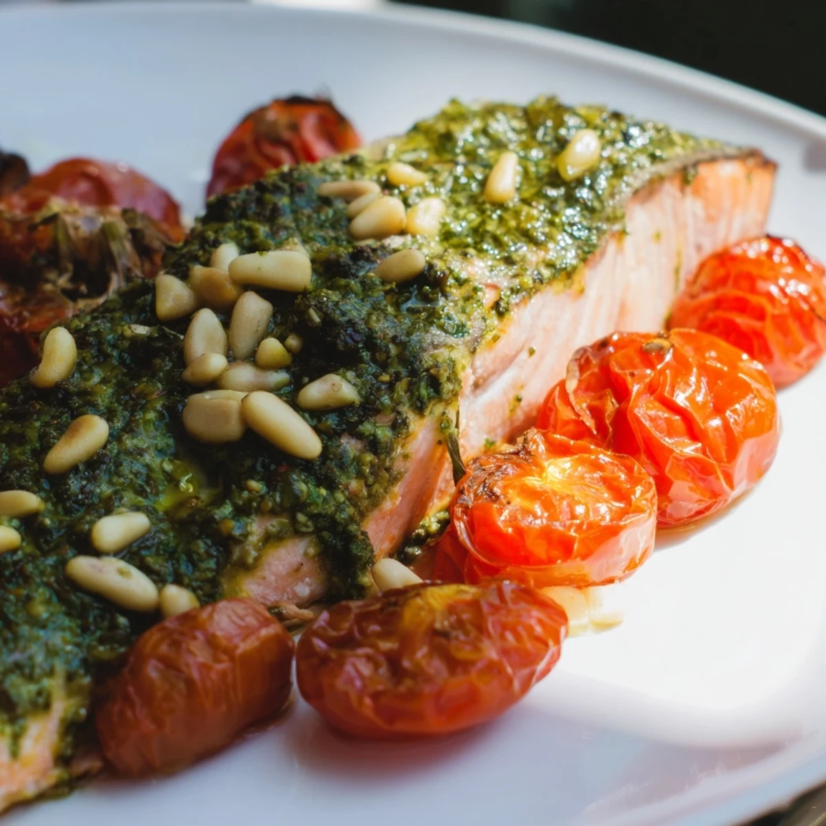 Golden-baked salmon fillets with vibrant green pesto and blistered cherry tomatoes on a baking tray.