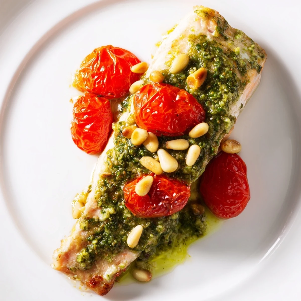 Sizzling Baked Salmon with Pesto and Cherry Tomatoes, garnished with pine nuts and basil leaves.