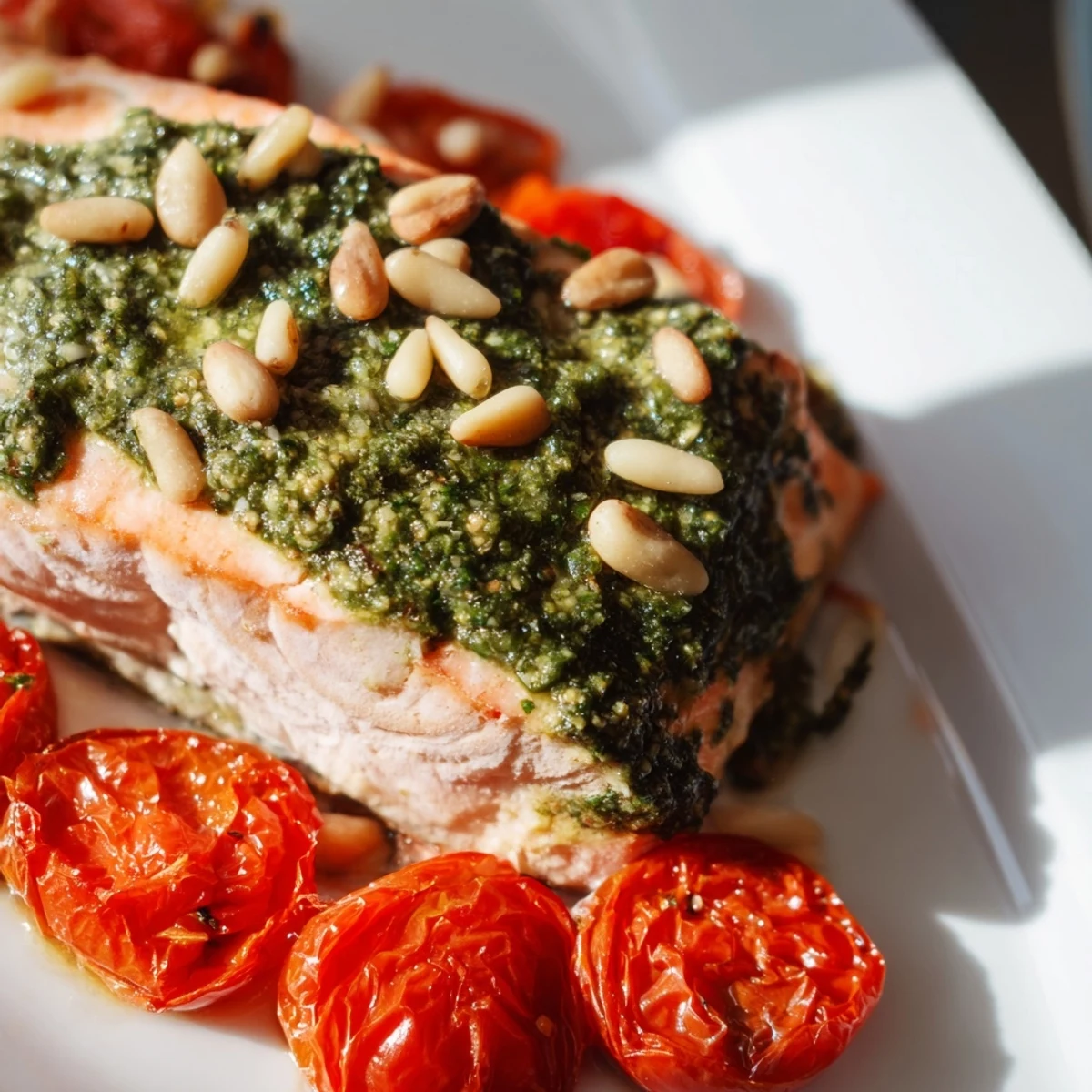 Tender salmon topped with basil pesto, roasted tomatoes, and fresh lemon wedges, ready to serve.
