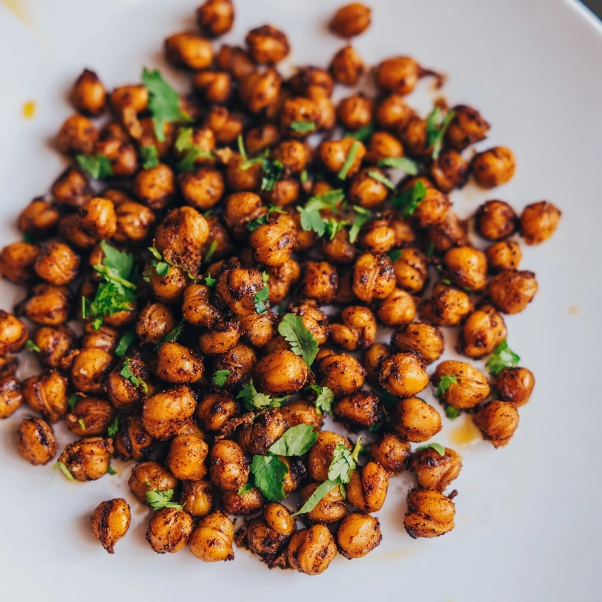 A close-up of Spicy Roasted Chickpeas with Cumin and Chili Powder reveals a crispy texture, perfect for topping a fresh garden salad.