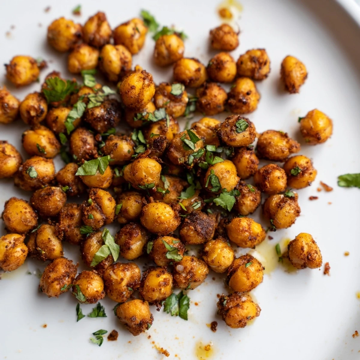 Golden-brown Spicy Roasted Chickpeas with Cumin and Chili Powder spill from a cooling rack, flecked with fresh cilantro and bright lime wedges.