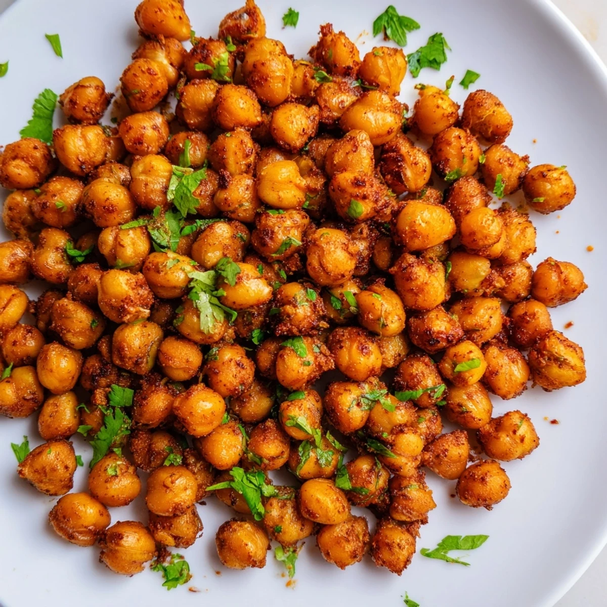 Mounded in a small white bowl, Spicy Roasted Chickpeas with Cumin and Chili Powder offer a warm, savory snack ready for dipping.