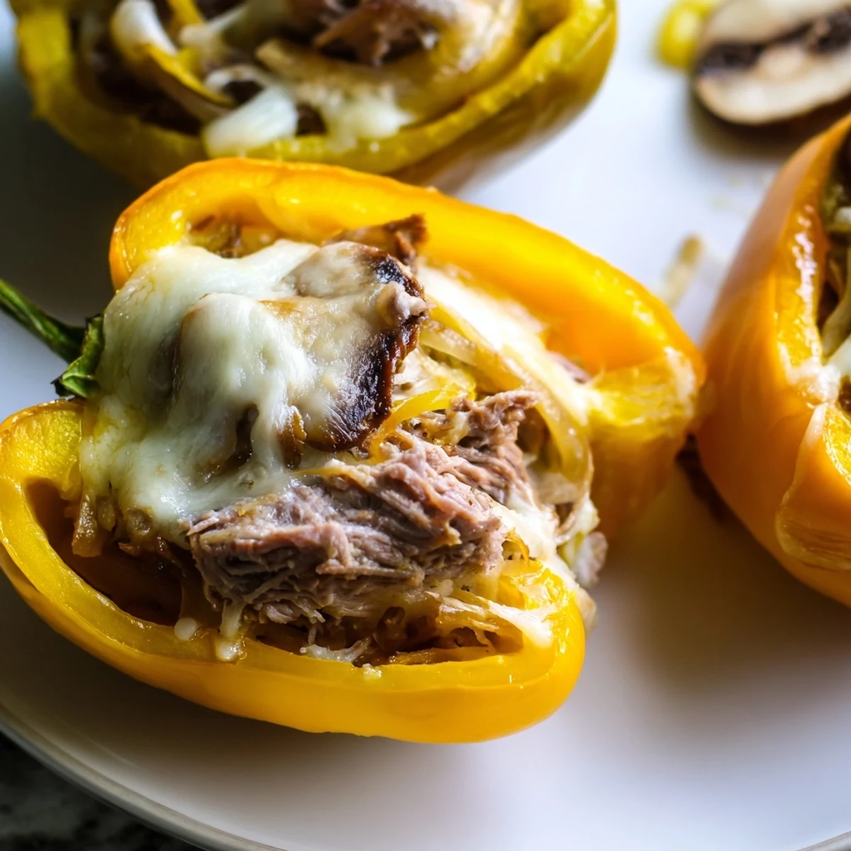 Golden-brown bell peppers overflowing with savory beef, onions, and mushrooms, all smothered in melted provolone cheese.