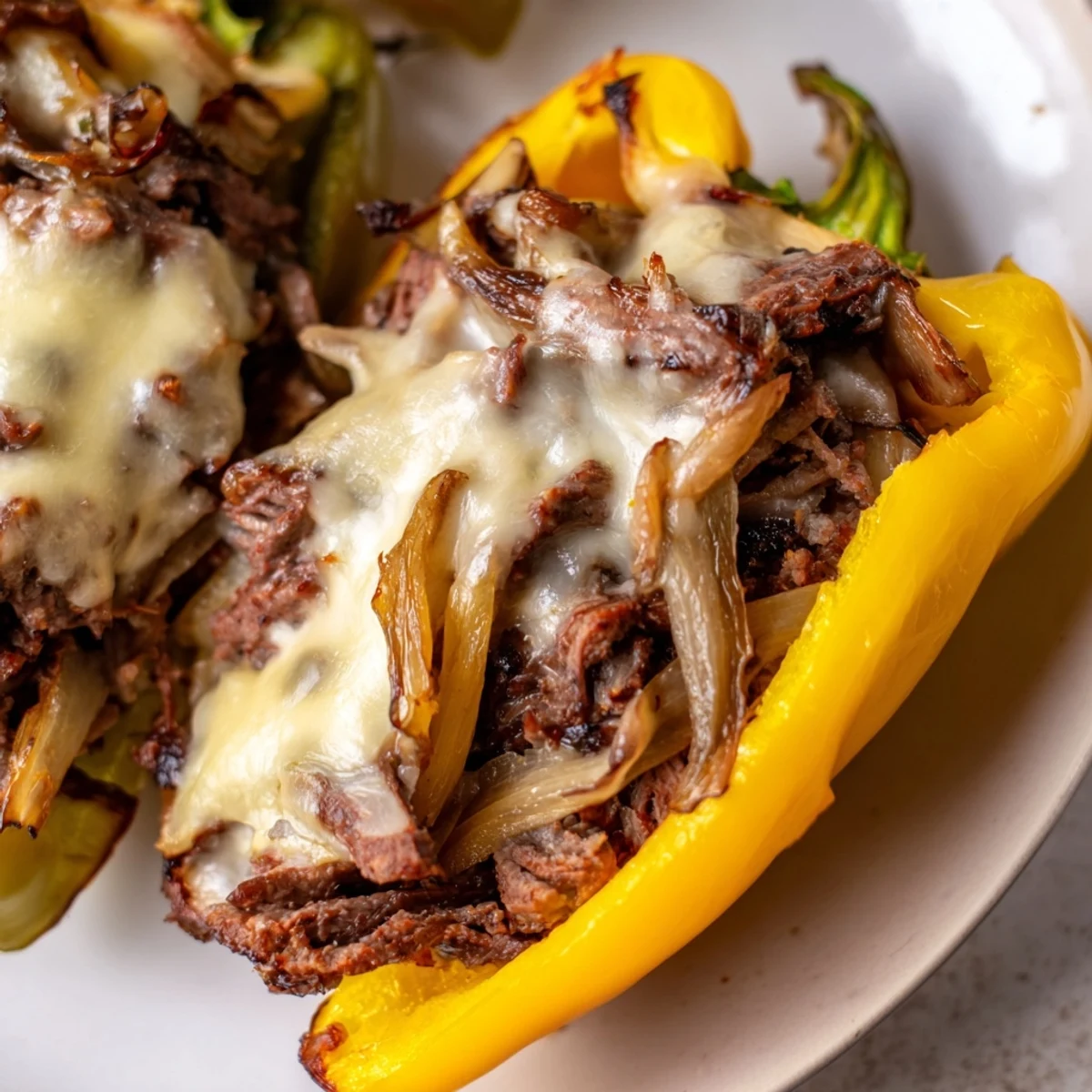 Tender, pre-baked pepper halves filled with a hearty Philly cheesesteak mixture, bubbling with gooey provolone topping.