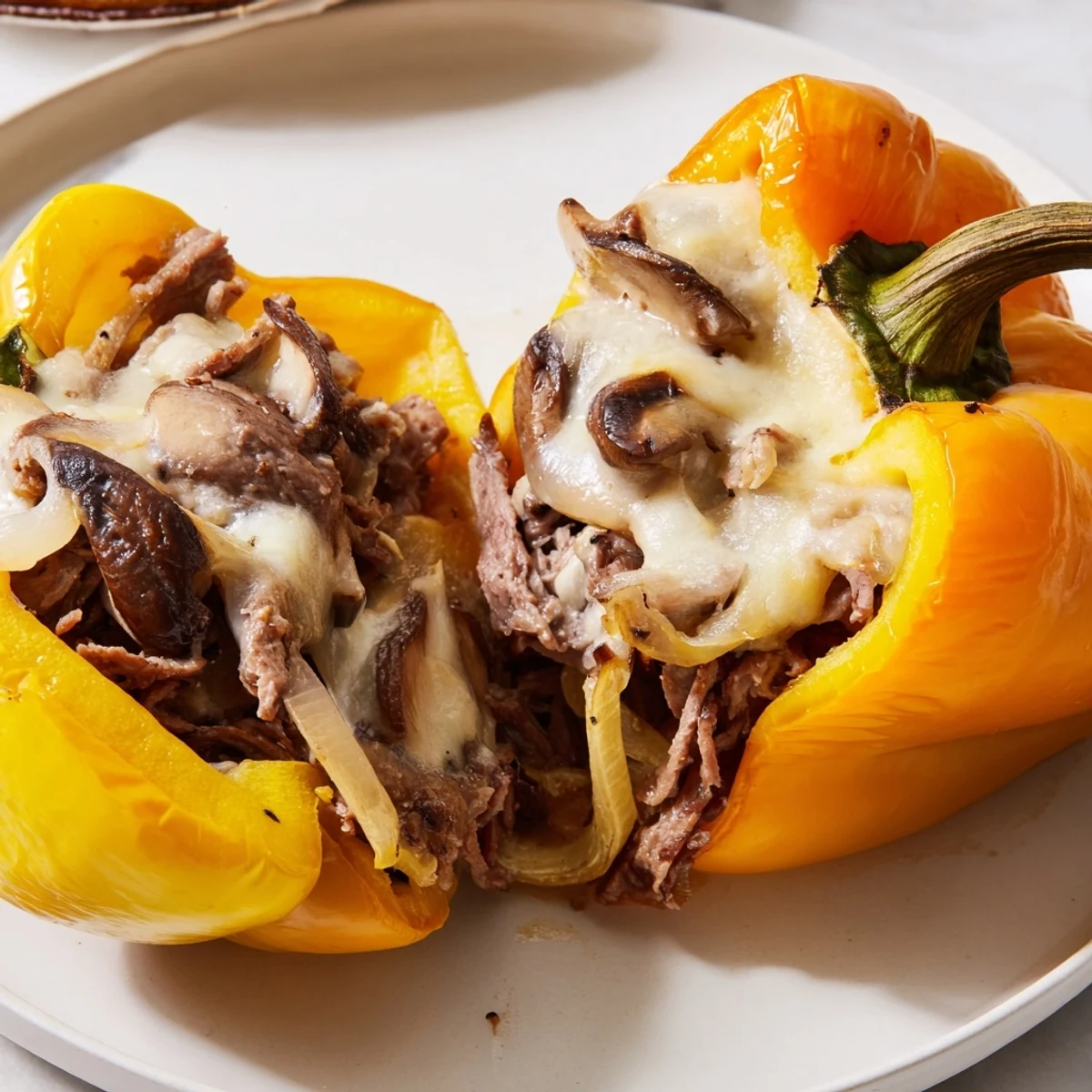 Low-carb Philly Cheesesteak Stuffed Peppers with provolone, served hot and ready for a satisfying dinner.