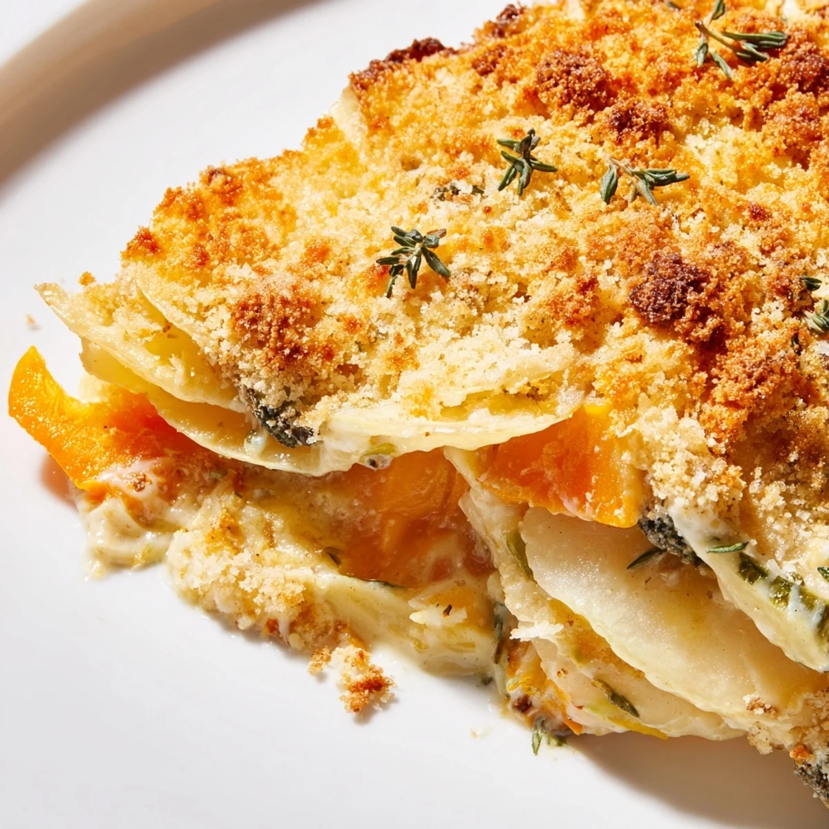 A close-up of creamy Winter Vegetable Gratin reveals tender layered root vegetables and a rich, cheesy crust.