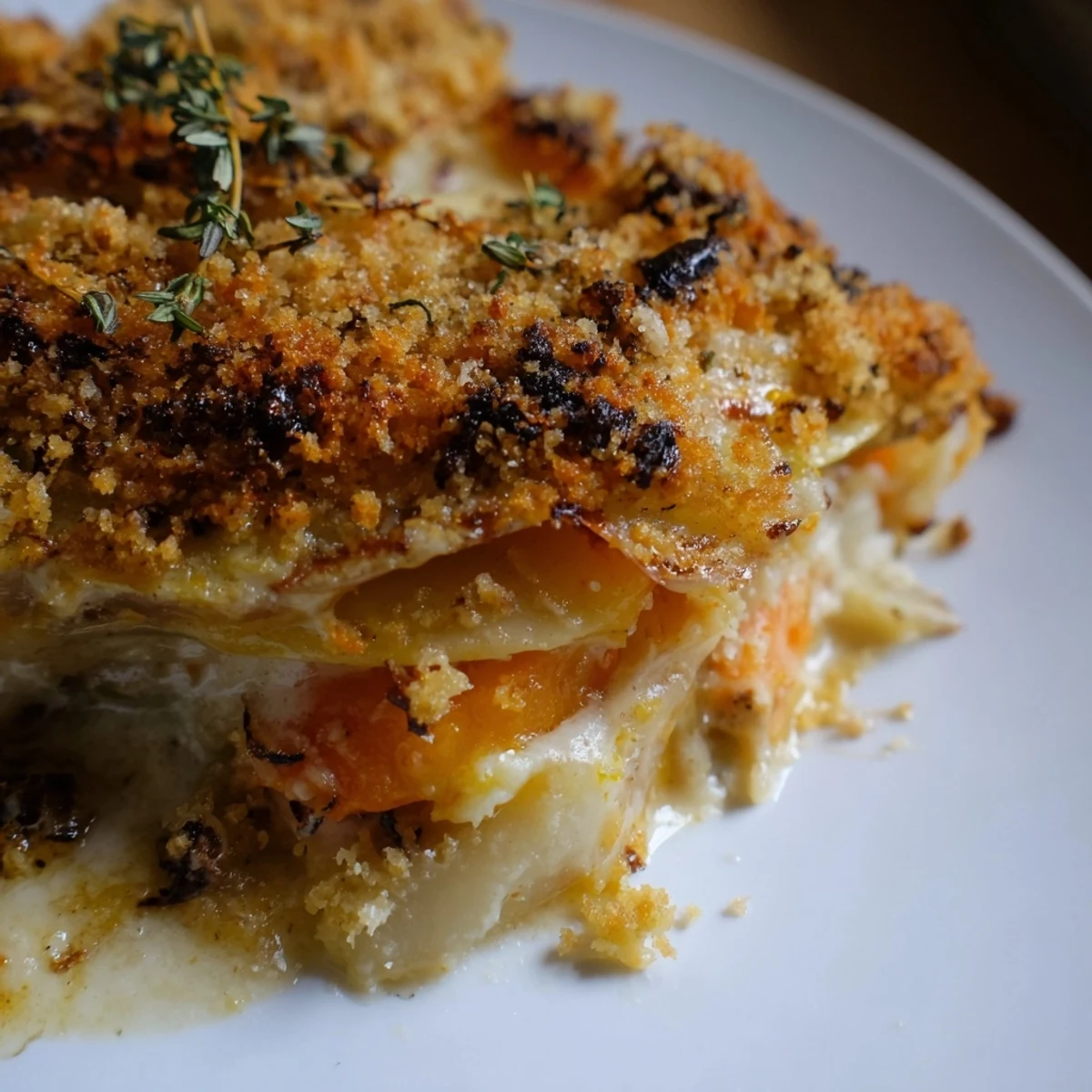 Freshly baked Winter Vegetable Gratin with Gruyere emerges golden and bubbling from the oven with fragrant thyme garnish.
