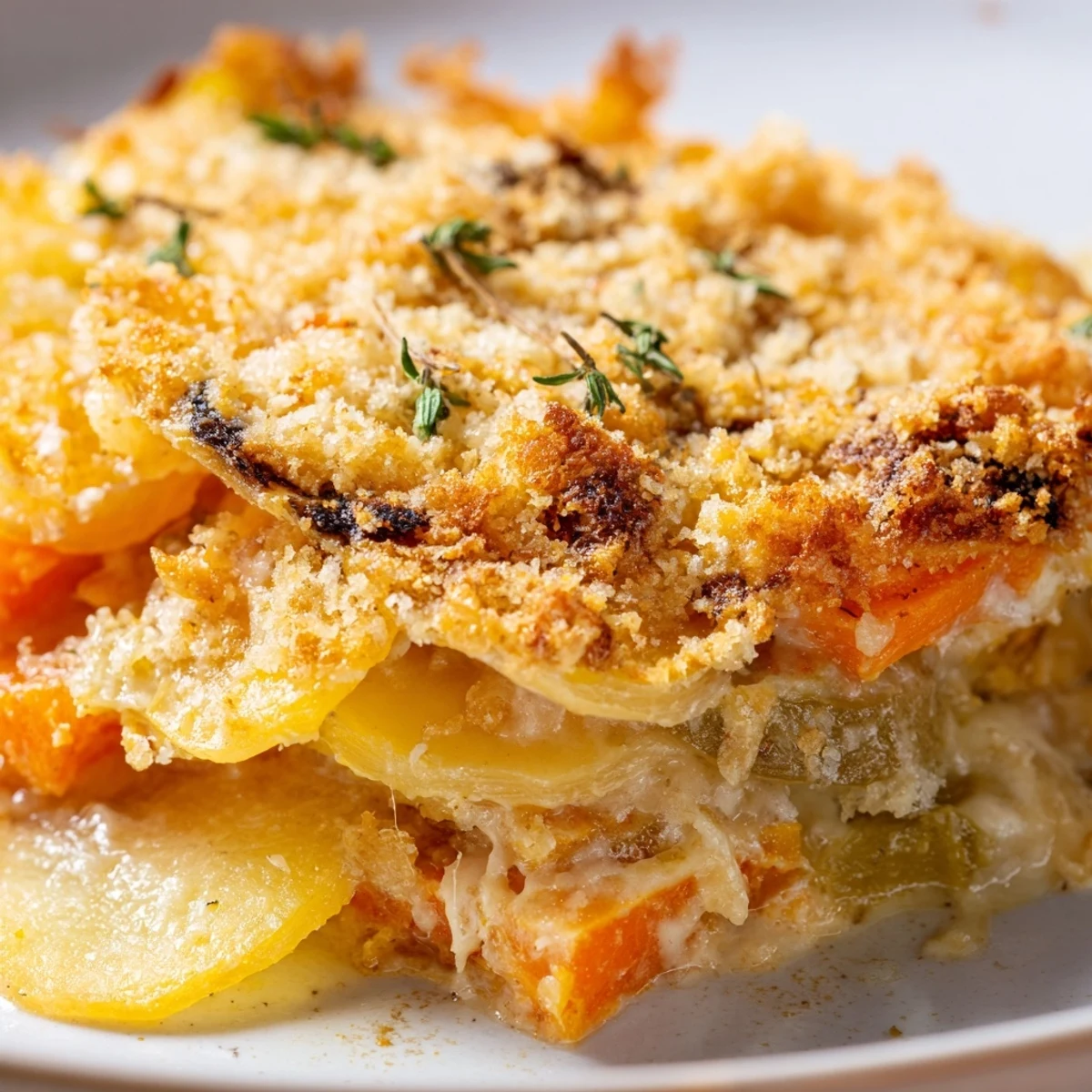 A serving of Winter Vegetable Gratin with Gruyere is plated next to a crisp green salad for dinner.