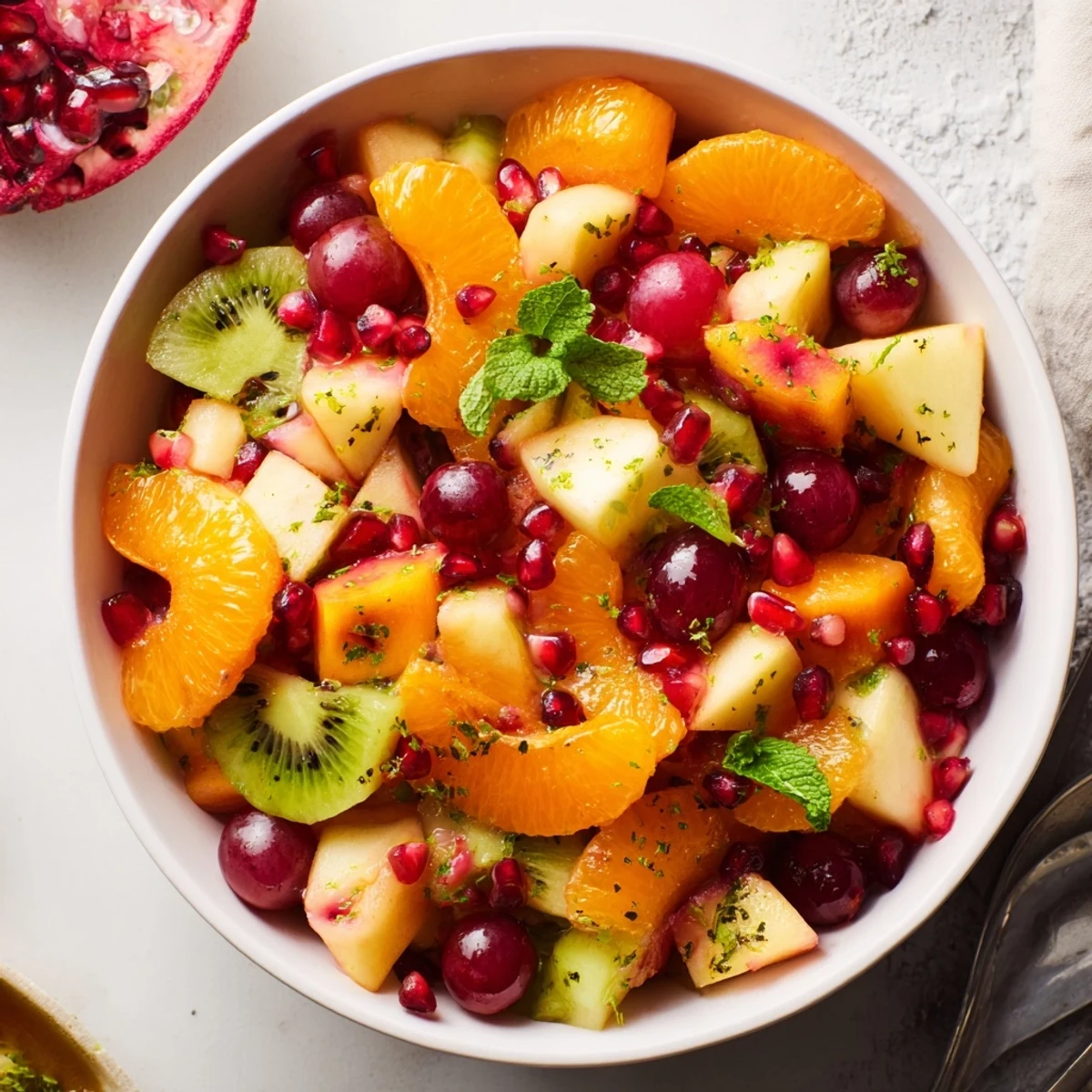 Winter Fruit Salad with Fresh Mint and Lime in a white bowl, showcasing colorful citrus segments, sliced kiwis, diced apples, and glistening pomegranate seeds, perfect for a refreshing vegan meal.