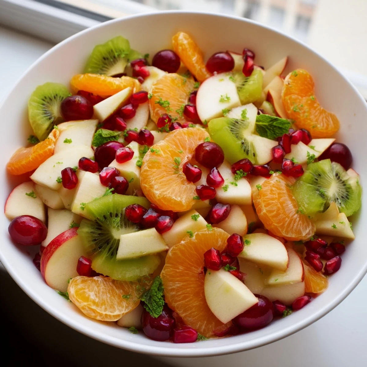 Close-up on Winter Fruit Salad with Fresh Mint and Lime, highlighting juicy orange wedges and fresh mint leaves tossed in a light, zesty dressing, served as a vibrant side dish.