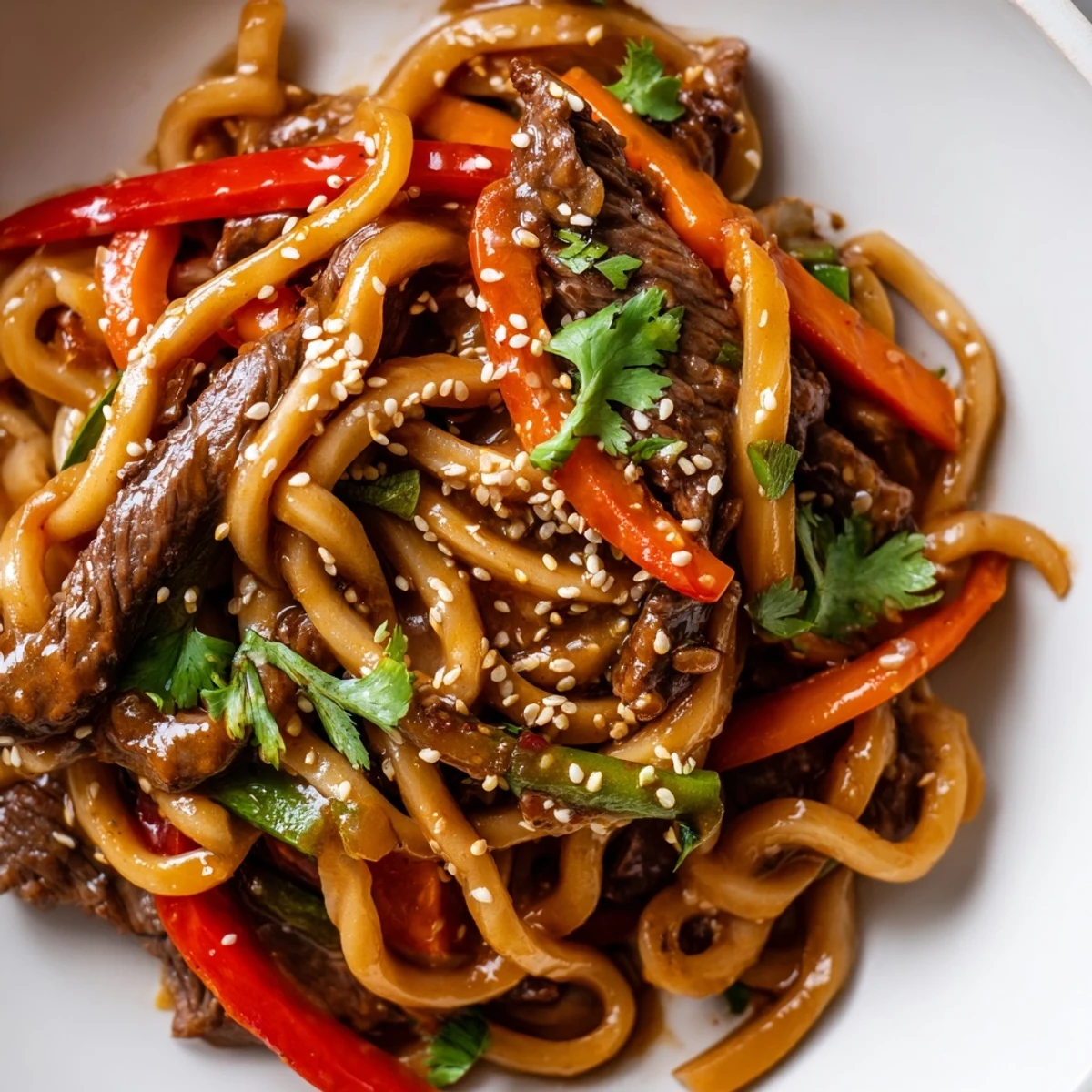 Juicy beef strips and crisp vegetables on chewy udon noodles in a spicy, savory sauce.
