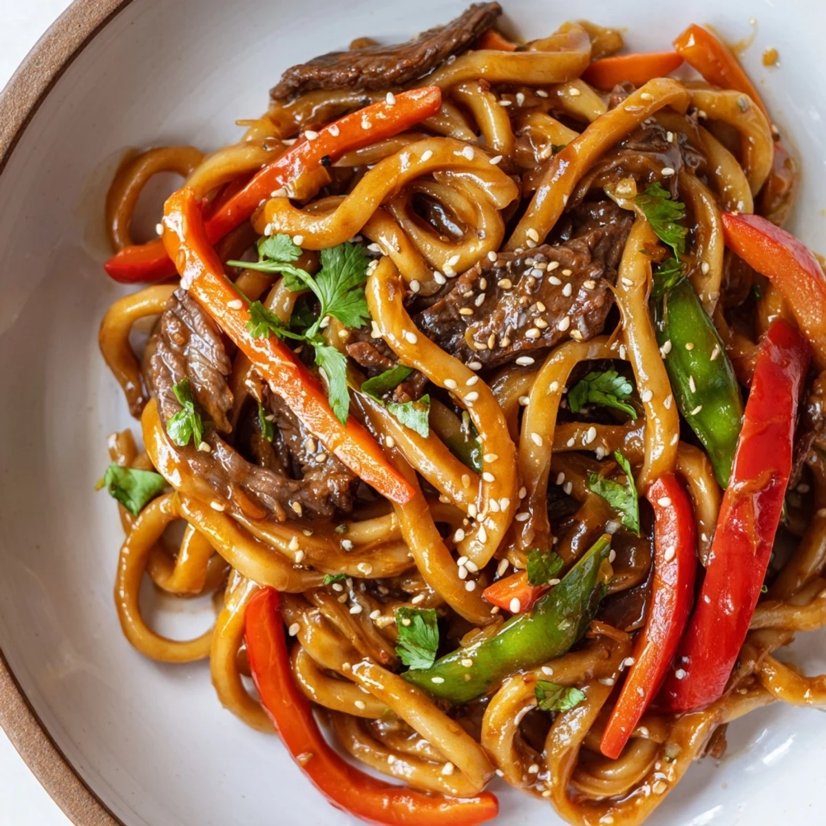 Colorful veggies and tender beef tossed with udon noodles for an easy weeknight dinner.