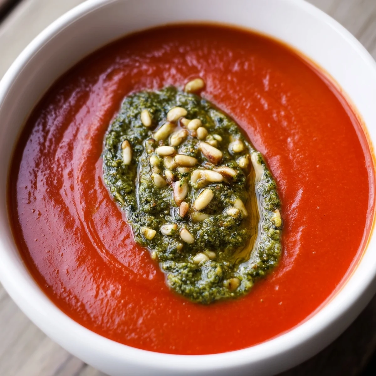 Creamy Tomato Soup with Fresh Basil Pesto garnished with a vibrant swirl of green pesto and fresh basil leaves in a rustic bowl.