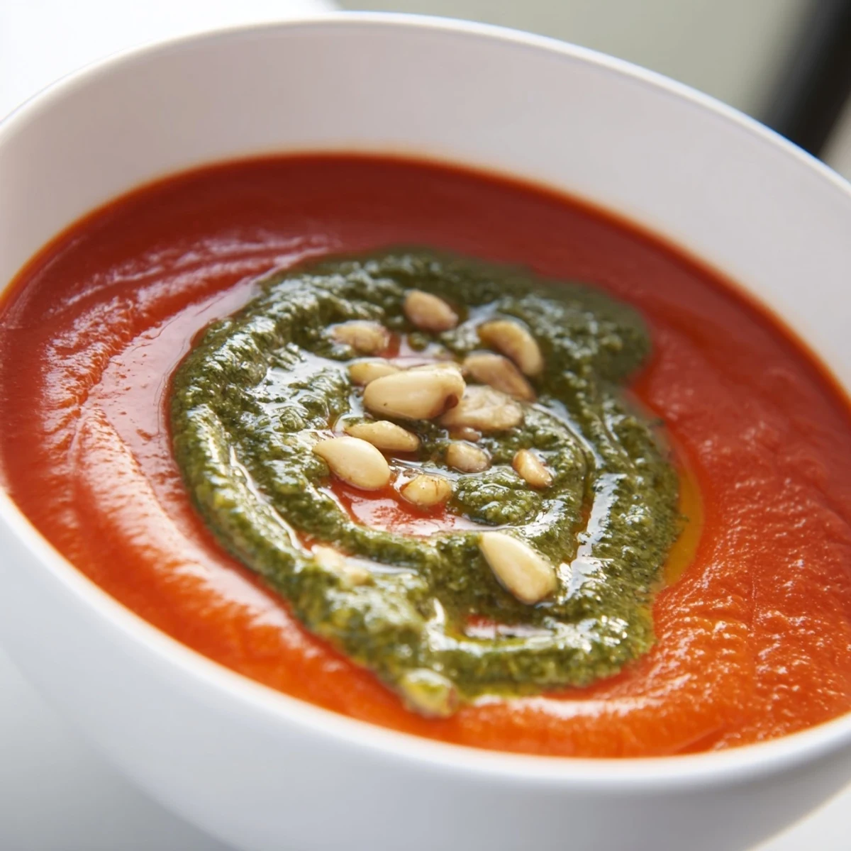 Steaming bowl of Creamy Tomato Soup with Fresh Basil Pesto served beside a thick slice of crusty artisan bread for dipping.