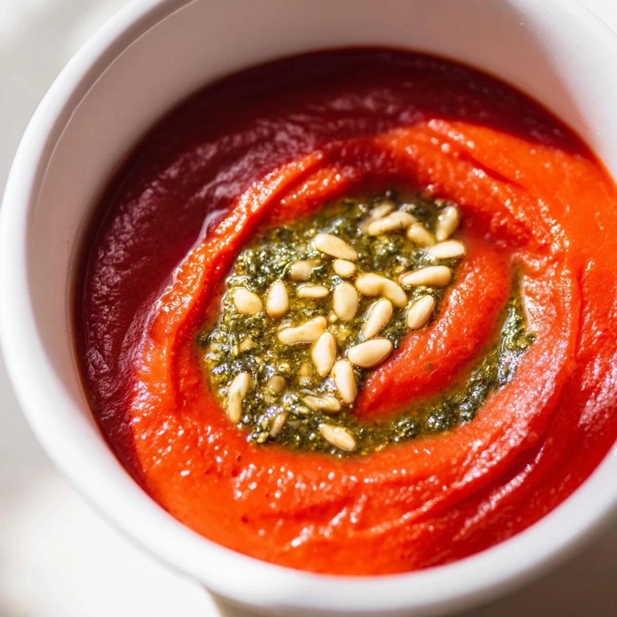 Close-up of Creamy Tomato Soup with Fresh Basil Pesto, showcasing the velvety orange texture and glossy olive oil drizzle on top.