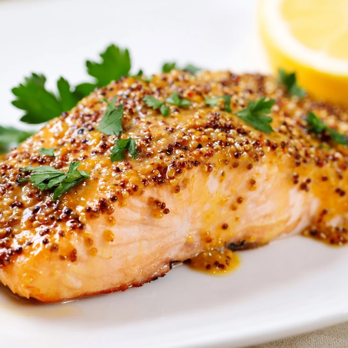 Golden-brown Baked Salmon with Honey Mustard Glaze sits on a baking sheet, garnished with fresh parsley and lemon wedges.