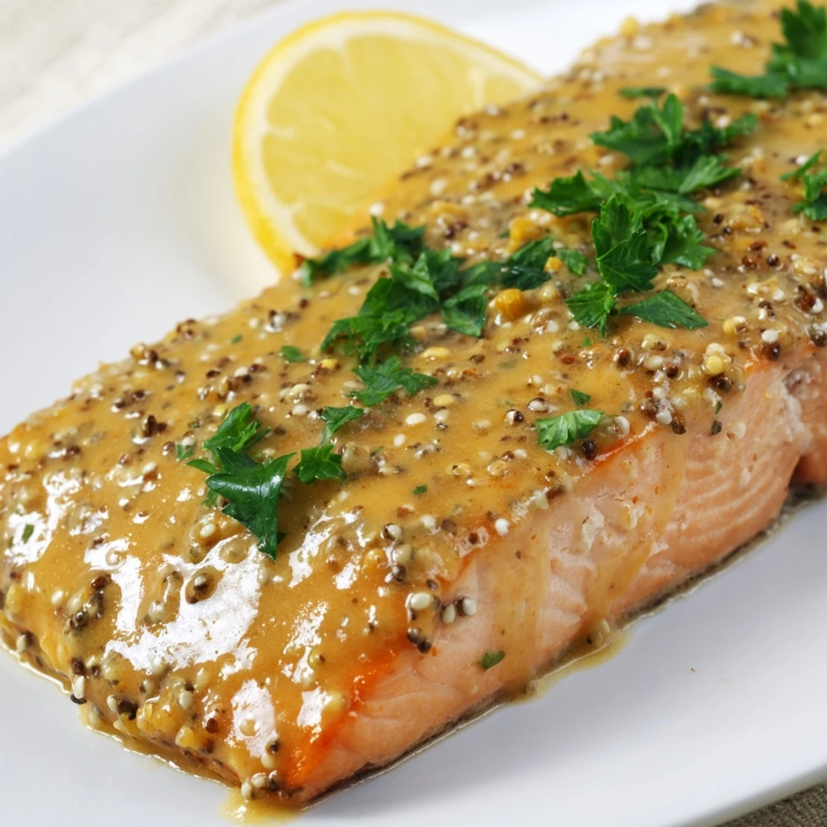 Glistening, sticky honey mustard glaze coating moist salmon fillets fresh out of the oven, steaming on a ceramic platter.