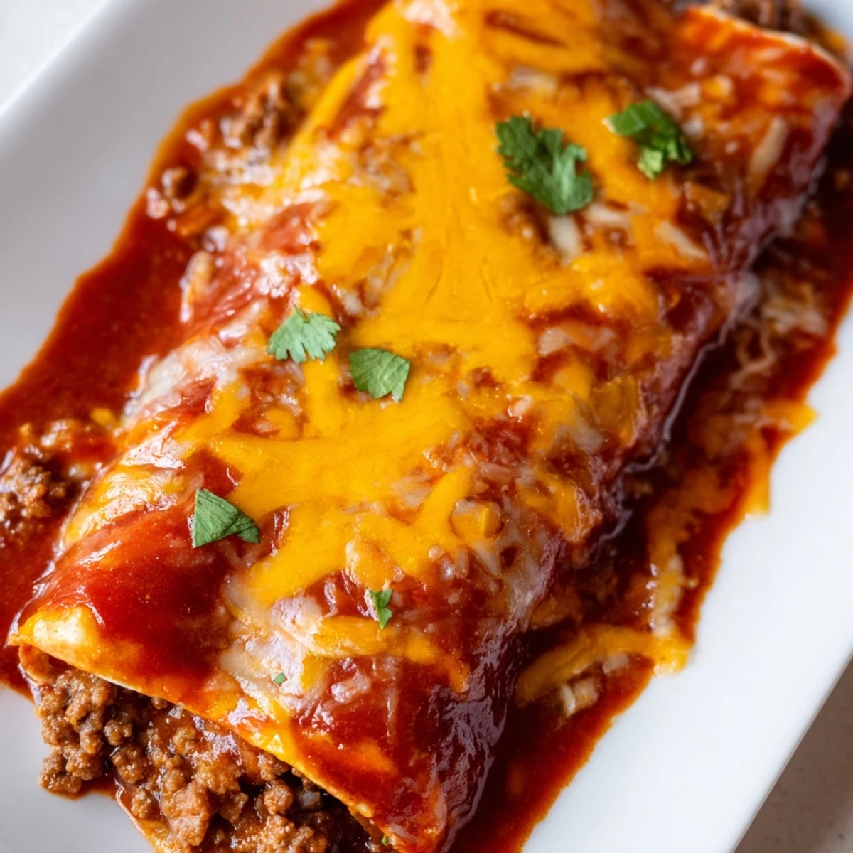 A close-up of saucy Beef Enchiladas with Red Sauce, featuring melted cheese, rich red sauce, and beef spilling from warm tortillas.