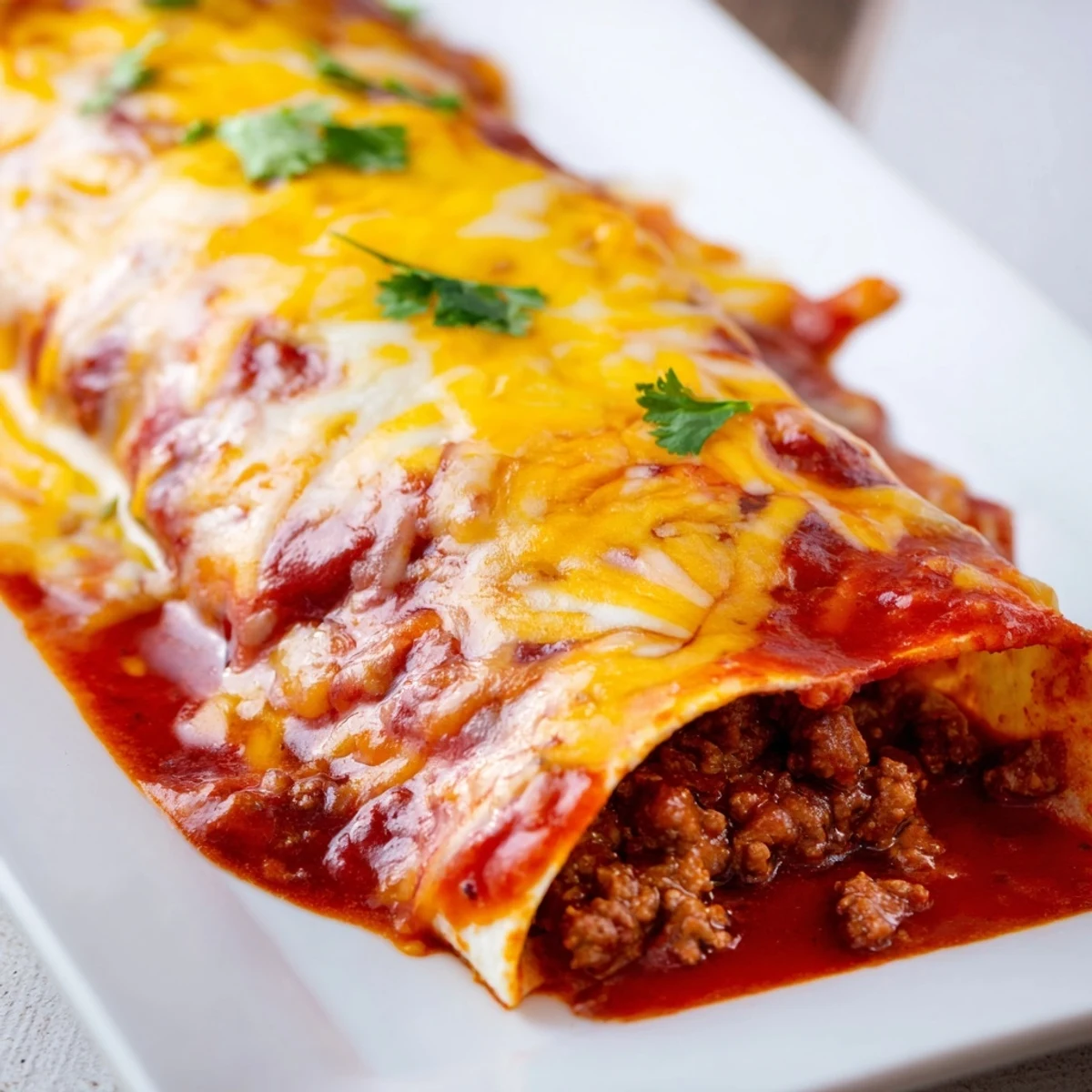 Freshly baked Beef Enchiladas with Red Sauce served in a casserole dish, garnished with cilantro and ready for a family dinner.