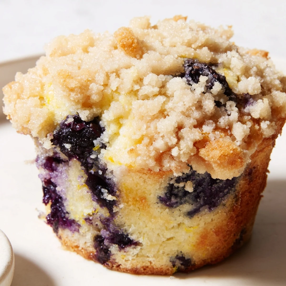 Golden Lemon Blueberry Muffins topped with crunchy streusel, perfect for a delightful morning treat.