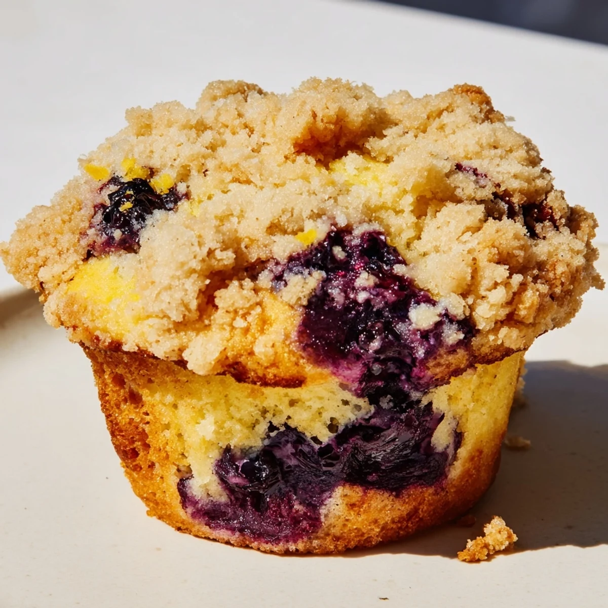 Freshly baked Lemon Blueberry Muffins, showing off juicy blueberries and a buttery streusel topping.