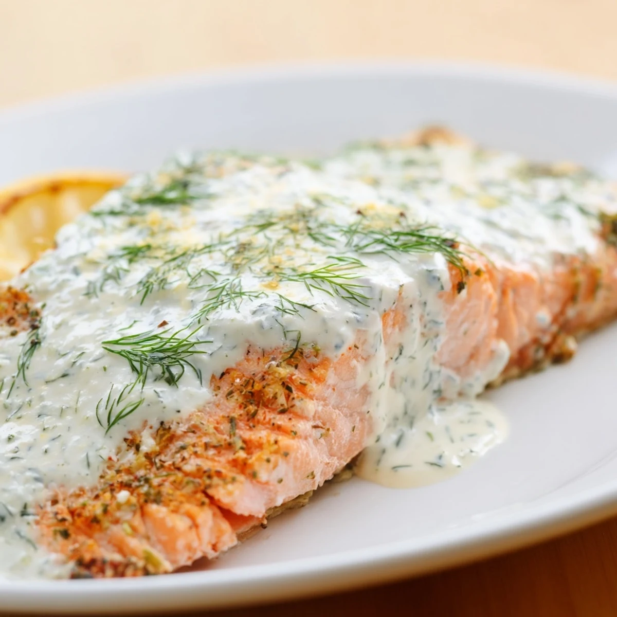 Golden-brown Baked Salmon with Dill Sauce rests on a white plate, garnished with fresh dill and lemon wedges.