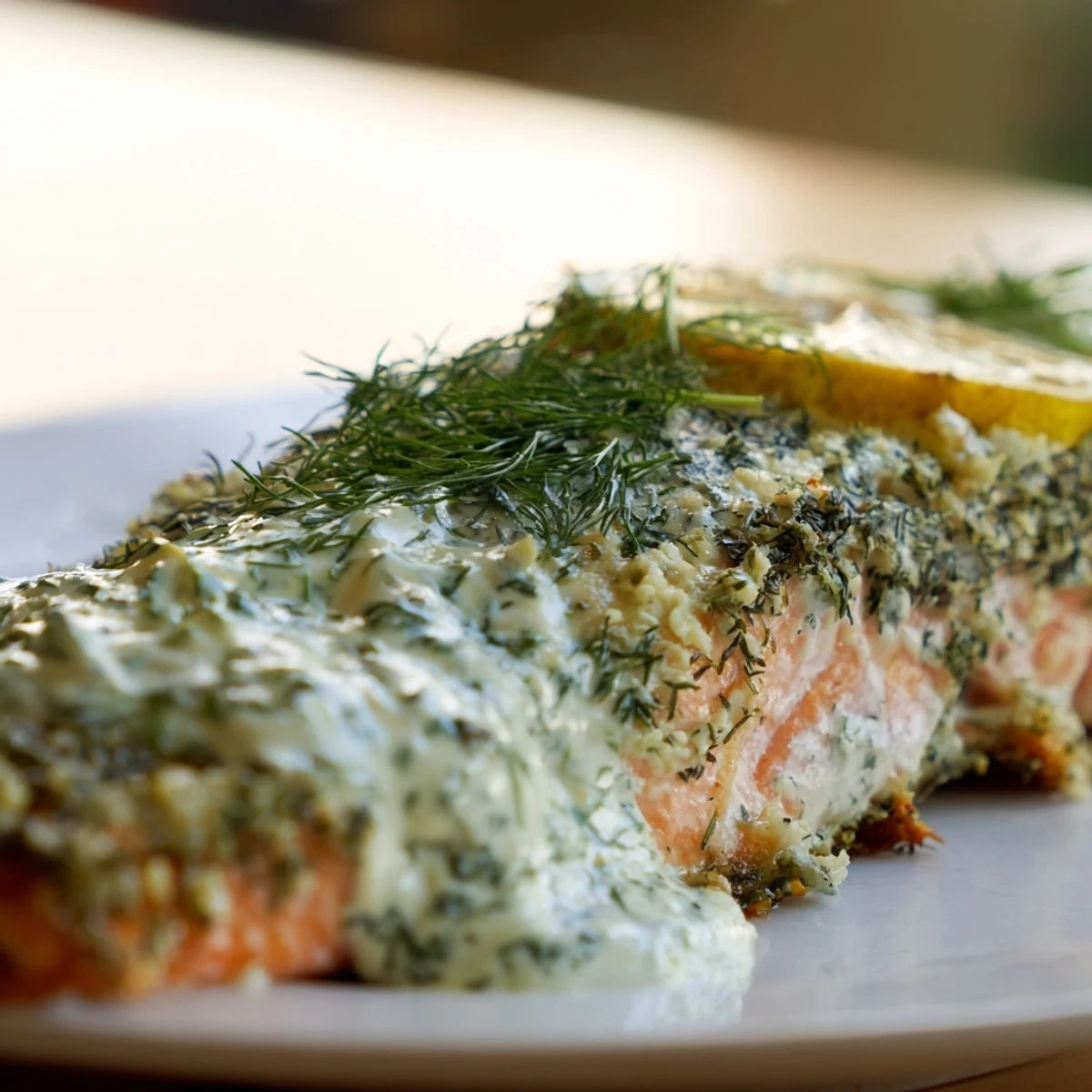 A close-up of tender Baked Salmon with Dill Sauce shows a creamy white sauce drizzled over the fillet.