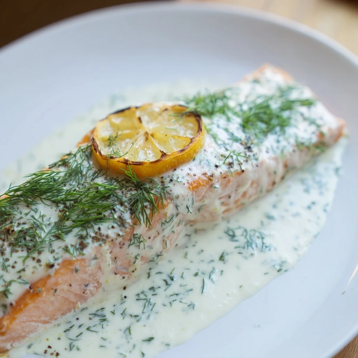 Flaky Baked Salmon with Dill Sauce is served alongside bright green asparagus and roasted red potatoes.