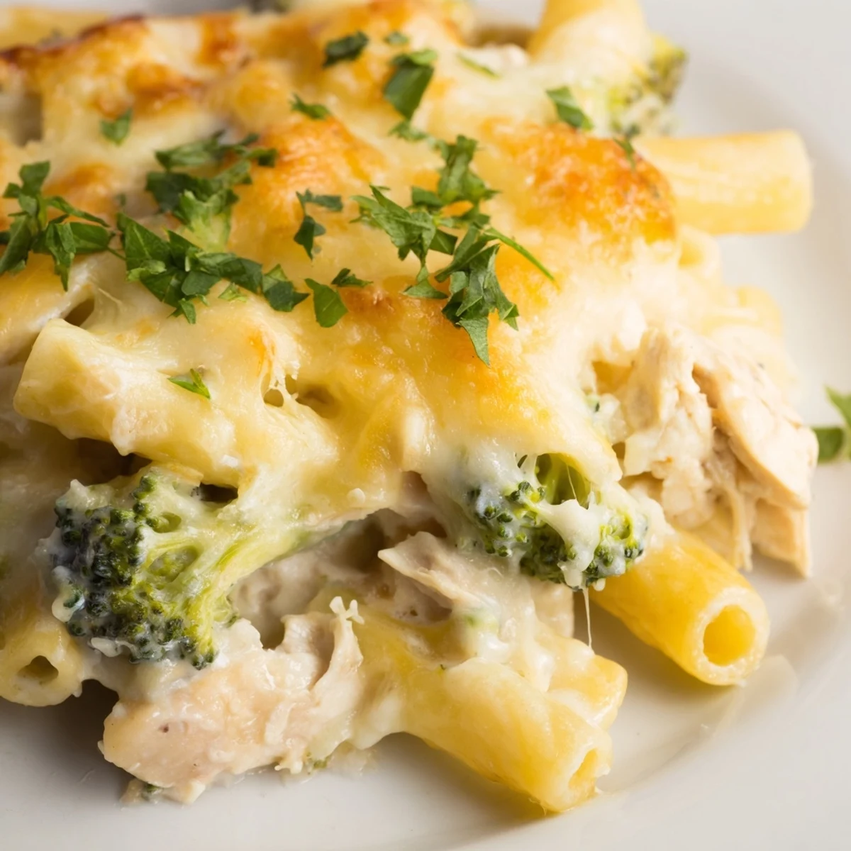 Golden brown Chicken Alfredo Bake with Broccoli bubbling in a 9x13 dish with fresh parsley garnish.