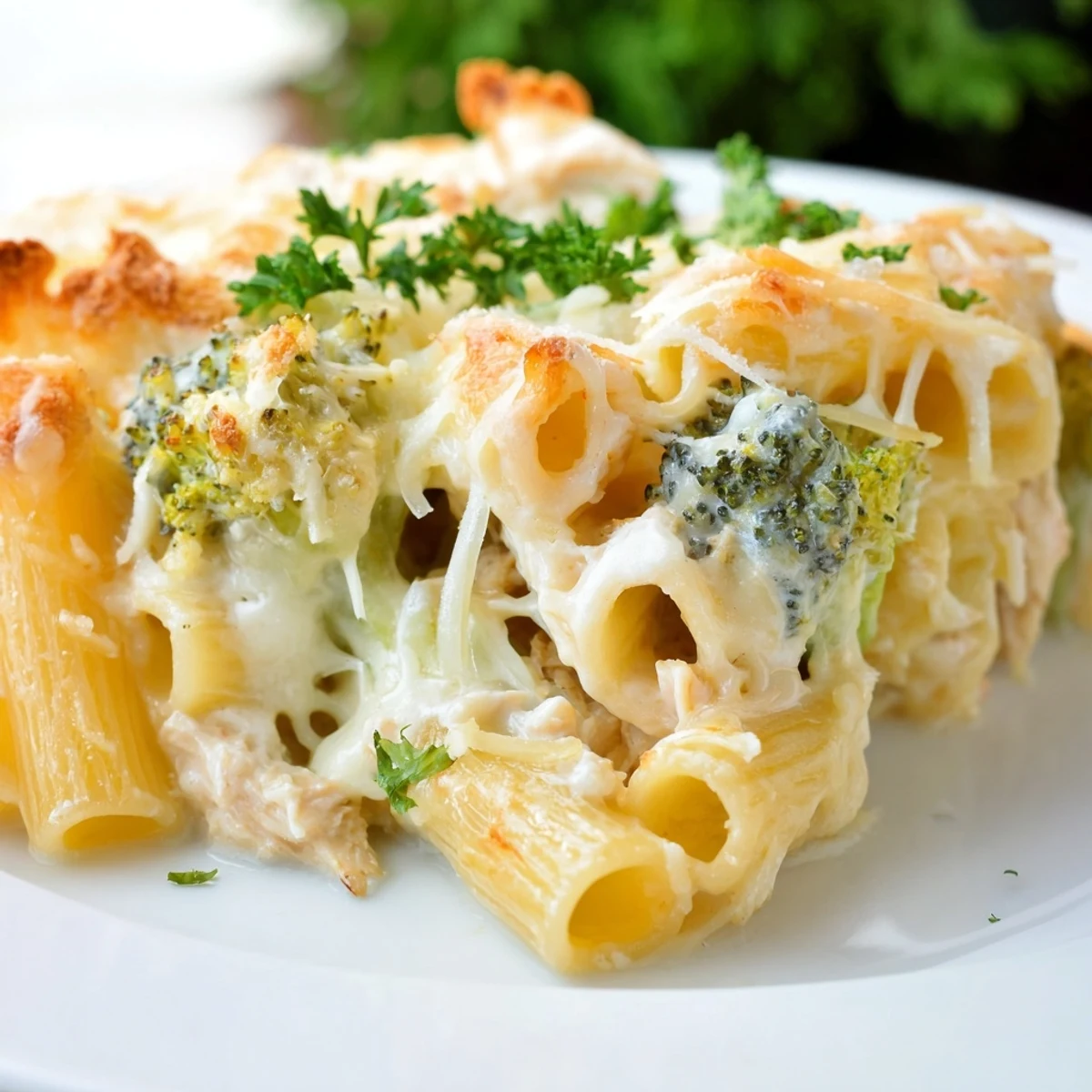 Creamy Chicken Alfredo Bake with Broccoli in a skillet, topped with melted mozzarella and fresh parsley.