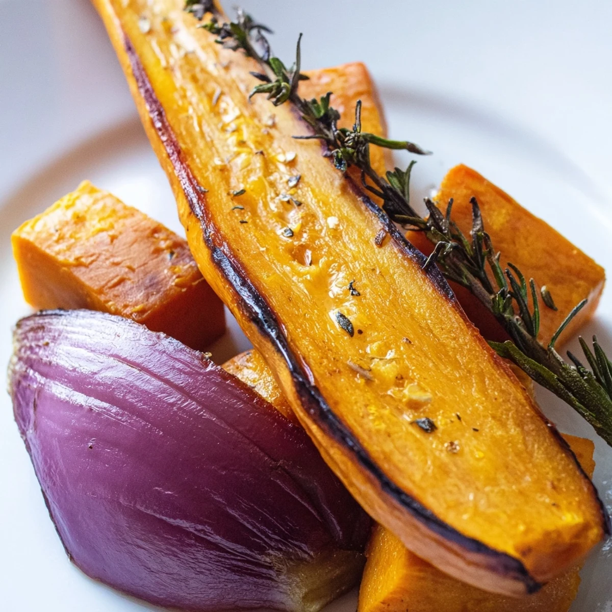 Golden caramelized Roasted Root Vegetable Medley on a rustic platter with fresh herbs and garlic.