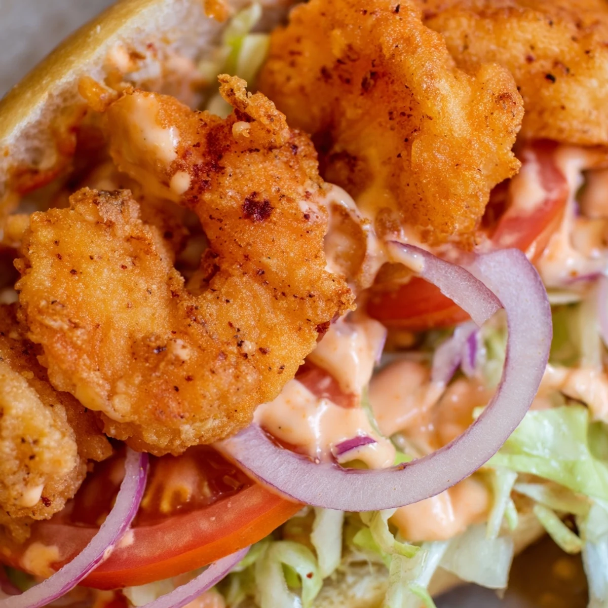 Golden fried shrimp nestled inside a toasted baguette, topped with lettuce, tomato, and creamy remoulade sauce.